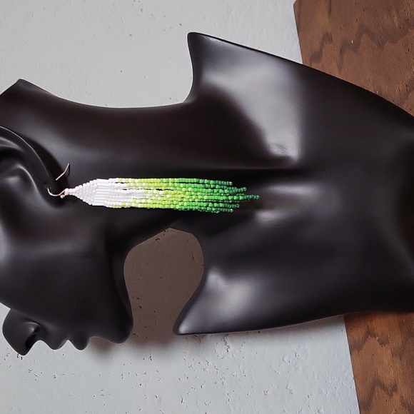 Jewelry - Beaded Earrings -White Bugle beads, White to green seed beads